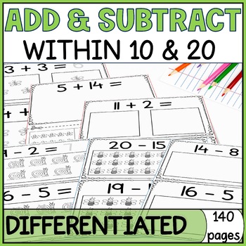 Differentiated Picture Addition & Subtraction Worksheets to 20 Spring Special Ed
