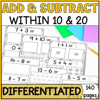 Differentiated Addition & Subtraction Worksheets with Pictorial Models Summer