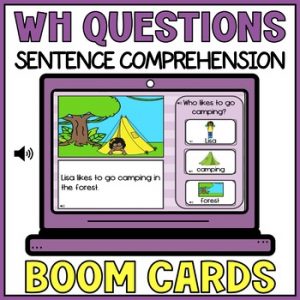 Sentence Comprehension Wh Questions 2 with Visual Audio Cues Boom Cards
