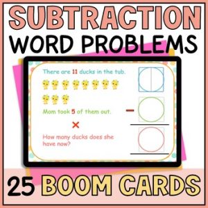 Subtraction Word Problems with Pictures by Crossing Out within 20 Boom Cards