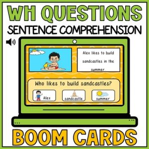 Sentence Comprehension Wh Questions Summer with Visual Audio Cues Boom Cards