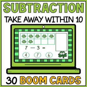St Patricks Day Subtraction with Pictures Within 10 Boom Cards | Take Away